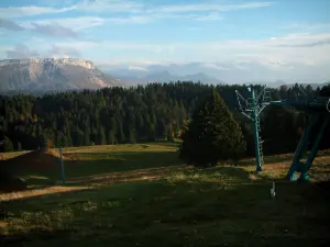 Bauges massif - Bauges massif Regional Nature Park: ski lift of a ski resort, alpine pasture, spruce forest and calcareous cliffs in background