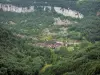 Baume-les-Messieurs - Cirque de Baume, kliffen van de afstandsbediening, dorp huizen en bomen