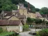 Baume-les-Messieurs - La calle, las casas, con sus edificios de la abadía abadía y la torre de la iglesia de la abadía de Saint-Pierre, los árboles