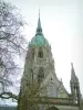 Bayeux - Torre central de la catedral de Notre Dame, de estilo gótico y de las ramas de un árbol