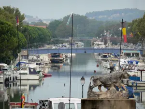 Beaucaire - Port with boats moored to the quays, Rhône canal in Sète, flags, statue of a bull and trees