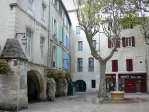 Beaucaire - Place de la République avec sa fontaine, ses platanes (arbres), ses fleurs (géraniums), ses arceaux et ses maisons