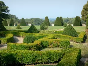 Beauvoir castle - Box tree broderie and hand-clipped shrubs of the French-style formal garden; in the town of Saint-Pourçain-sur-Besbre, in Besbre valley