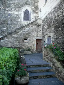 Béhuard - Escaliers de l'église Notre-Dame, fleurs