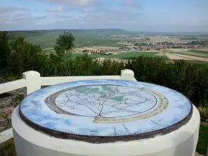 Berg Aimé - Aussichtspunkt: Orientierungstafel des Bergs Aimé mit ihrem Blick auf den Weinanbau der Weinberge der Côte des Blancs (Weinberg der Champagne), die umliegenden Dörfer und die angebauten Felder