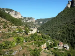 Bergengte van de Jonte - Uitzicht op de huizen en terrassen van Truel (gehucht in de gemeente Saint-Pierre-des-Tripiers), en de kalkstenen kliffen van de Gorges de la Jonte, in het Parc National des Cevennes