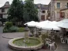 Bergerac - Häuser, Terrasse eines Restaurants und Brunnen des Platzes Pelissière, im Tal der Dordogne