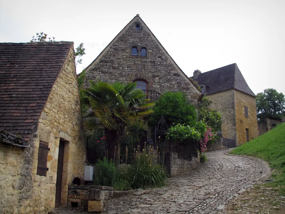 Beynac-et-Cazenac - Ruelle pavée en pente et maisons en pierre du village, dans la vallée de la Dordogne, en Périgord