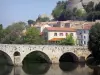 Béziers - Häuser der Stadt, die Brücke Pont Vieux überspannend den Fluss Orb,
Bäume am Rande des Wassers