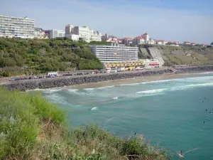 Biarritz - View of the beach of the Basque coast, the Atlantic Ocean and the facades of the resort