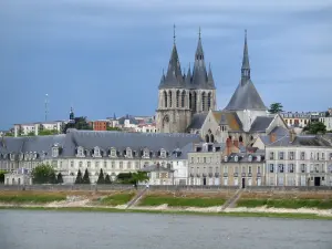 Blois - Saint-Nicolas church (former Saint-Laumer abbey church), buildings and houses of the city, the Loire River, and turbulent sky