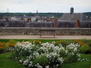 Blois - Flowers and bench of the garden near the Château square with view of the houses of the city