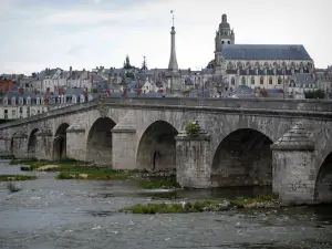Blois - Brücke überspannt den Fluss (die Loire), die Kathedrale Saint-Louis und Häuser der Altstadt