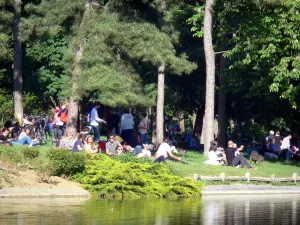 Bois de Boulogne - Détente sur la pelouse au bord de la mare Saint-James