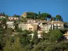 Bormes-les-Mimosas - Castillo con vistas a las casas del pueblo encaramado, pinos, cipreses y palmeras (árboles)