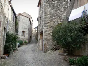 Boussagues - Ruelle pavée en pente bordée de maisons en pierre