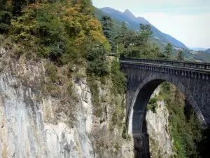 Brücke Napoleon - Brückenbogen überspannend den Gave Gavarnie (Gebirgsbach), Felswände der Schlucht und Bäume