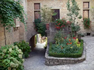 Bruniquel - Flowered de boules baan, veranda en stenen huis