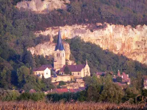 Bugey - Lower Bugey: bell tower of the church and houses in the village of Saint-Sorlin-en-Bugey, trees and cliffs