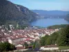 Bugey - Upper Bugey: view over the rooftops of the town of Nantua, lake and mountains