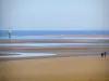 Cabourg - Côte Fleurie: spiaggia sabbiosa del resort con i camminatori e gli uccelli marini durante la bassa marea, e il mare (Manica)