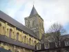 Caen - Abbaye aux Dames: Iglesia de la Trinidad, los árboles y el cielo nublado