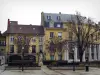 Caen - Houses and square with trees, statue, shrubs and lampposts