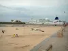 Calais - Opaalkust: meeuwen in vlucht, bankjes van de dijk boulevard, het strand en boot (ferry)