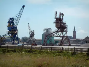 Calais - Herbage, grues d'un chantier naval et beffroi en arrière-plan