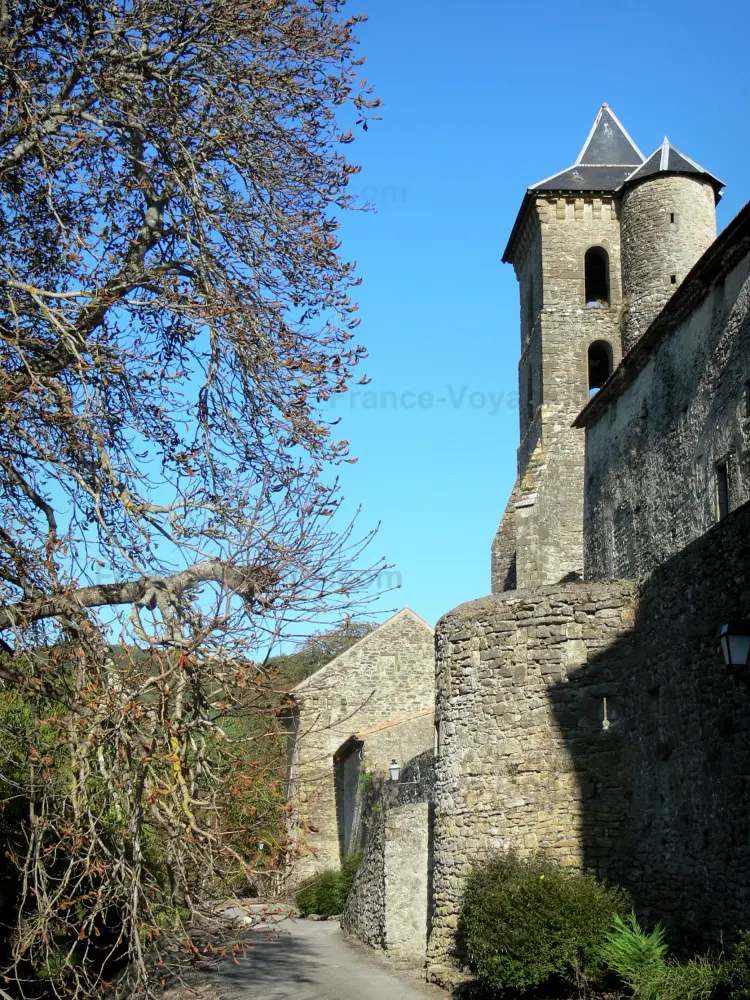 Camon - Clocher de l'église (ancienne abbatiale), remparts et arbres