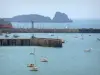 Cancale - Boats, piers of the port of Houle (fishing port) and the Cancale rock