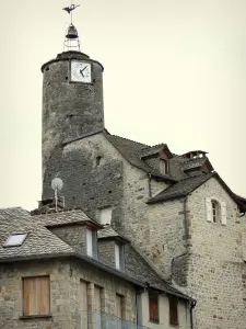 La Canourgue - Clock tower and facades of houses in the village