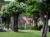 Carennac - Giardino pubblico con alberi che domina le case di pietra del villaggio in Quercy