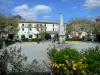 Castellane - Marcel Sauvaire square: fountain, flowers, shrubs, trees and houses; clouds in the blue sky