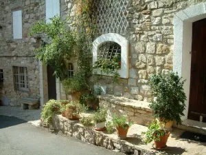 Le Castellet - Maison en pierre du village médiéval avec des plantes et des arbustes en pots