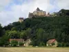 Castello di Castelnaud - Fortezza medievale che domina gli alberi e le case, le nuvole nel cielo, nella valle della Dordogna, nel Périgord