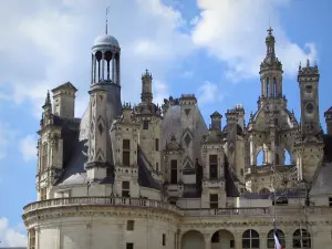 Castello di Chambord - Torre, camini e la torre della lanterna del castello rinascimentale, le nuvole in cielo blu