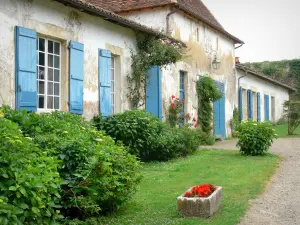 Castello di Gaujacq - Facciata con persiane blu delle piante dimore e da fiore; Chalosse