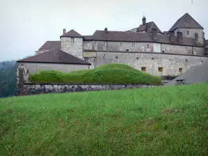 Castello di Joux - Erba verde in primo piano e il castello (fortezza), in La Cluse-et-Mijoux