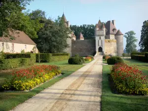 Castello di Thoury - Pathway, fiancheggiata da fiori e arbusti, che conduce al castello nel comune di Saint-Pourçain sur Besbre Besbre nella valle (Valle del Besbre)