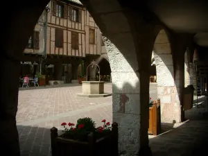 Castelnau-de-Montmiral - Unter den Arkaden mit Blick auf die Blumen, den Platz des Rathauses (Platz Arcades), den Brunnen, die Kaffeeterrassen und die Fachwerkhäuser