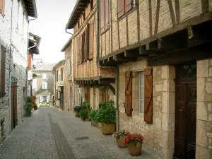 Castelnau-de-Montmiral - Gasse der Bastide mit Häusern mit Vorbau und Fachwerk (Backstein in der Fassade), Wohnsitze aus Stein, Pflanzen und Blumen in Töpfen