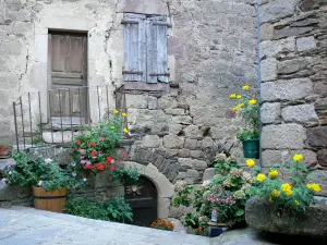 Castelnau-Pégayrols - Casas de piedra adornadas con macetas