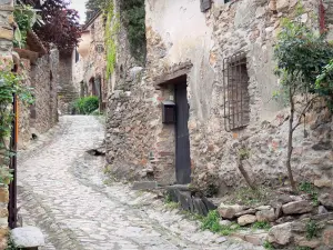 Castelnou - Pendenza strada lastricata fiancheggiata da case in pietra