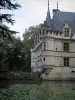 Castillo de Azay-le-Rideau - Torres de esquina del río castillo renacentista (Indre) con lirios de agua y árboles