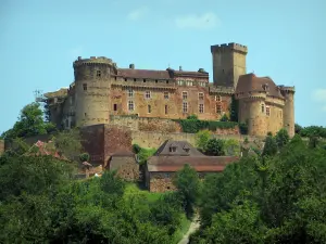 Castillo de Castelnau-Bretenoux - Castillo, las casas y los árboles, en Quercy