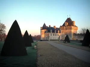 Castillo de la Roche-Courbon - Camino de entrada, rodeada de arbustos podados, que lleva al castillo