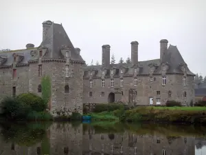 Castillo de Le Rocher-Portail - Castillo refleja en las aguas de la laguna, en Saint-Brice-en-Coglès