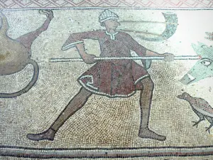 Cathédrale de Lescar - Intérieur de la cathédrale Notre-Dame : détail de la mosaïque romane du choeur - scène de chasse