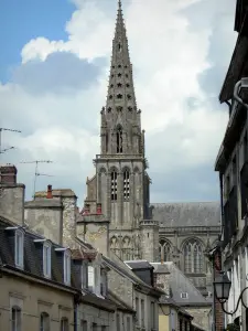 Cathédrale de Sées - Clocher et flèche de la cathédrale gothique Notre-Dame, et maisons de la ville de Sées